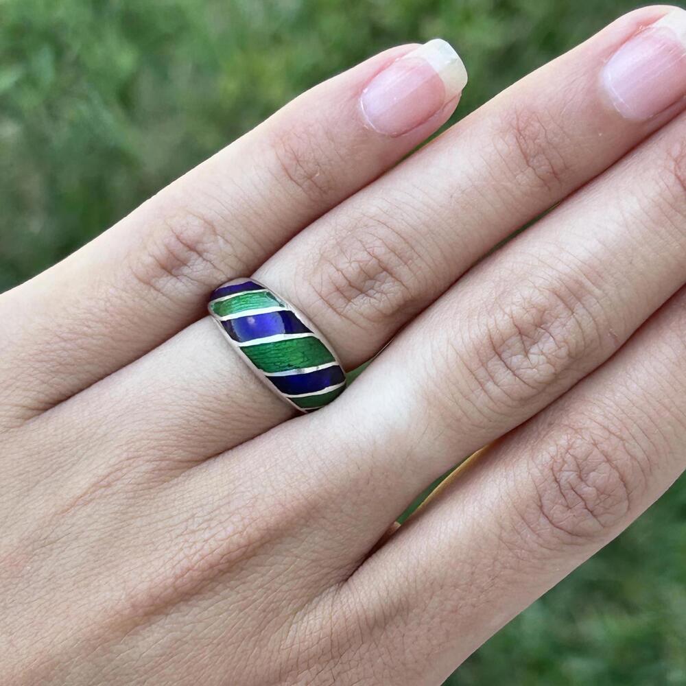 Green and Blue Cloisonne Enamel Ring in Sterling Silver Size 4.75